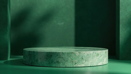 Clean, minimalist studio shot featuring a green marble cylinder platform, ideal for product display or branding photography.  Perfect for showcasing cosmetics, jewelry, or other luxury items.  The elegant backdrop provides a modern, sophisticated aesthetic.  High-resolution image with subtle shadowing for depth.の素材