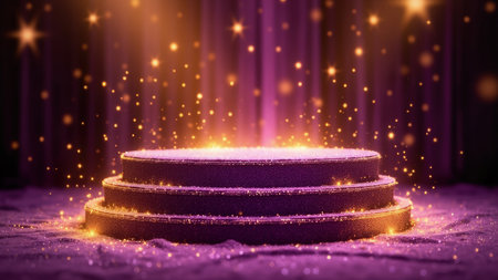 Elegant three-tiered purple glitter podium on a sparkling stage, perfect for award ceremonies, product displays, or celebratory events.  The magical, glamorous backdrop creates a luxurious and festive atmosphere, ideal for showcasing winners and achievements.  High-quality texture and lighting enhance the celebratory mood.の素材