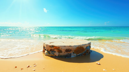 Serene seascape of a tranquil beach with a sun-drenched stone platform overlooking turquoise ocean waves.  Perfect for travel, vacation, or relaxation themes.  Ideal background image showcasing idyllic coastal scenery and summer vibes.の素材