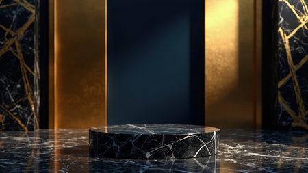 Showcase your luxury product with this elegant, minimalist mockup.  A round black marble platform with gold accents provides a sophisticated backdrop for high-end product photography. Perfect for branding, advertising, and marketing campaigns.  The dark, shiny surface and rich textures create a premium aesthetic.の素材