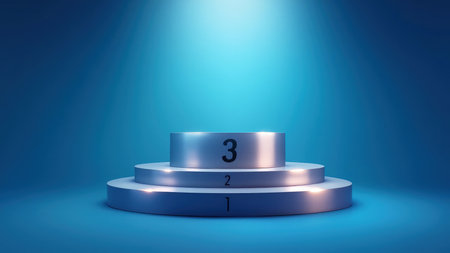 A gleaming three-tiered silver award podium, bathed in blue spotlight, stands ready for the winners.  Perfect for celebrating achievements, success, and competitions.  This metallic stage symbolizes victory and first, second, and third place rankings. Ideal for business, sports, and celebratory event imagery.の素材