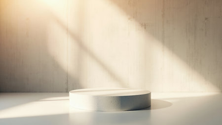 Clean, minimalist product display showcasing your item on a sunlit white platform. Ideal for branding, marketing, and advertising mockups.  Perfect for showcasing cosmetics, jewelry, or other small products. High-resolution image with subtle shadow and texture.の素材