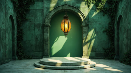 A mystical, green marble chamber bathed in ethereal light.  An aged archway frames a serene scene, featuring a hanging lantern illuminating a stone pedestal perfect for product display.  Overgrown vines add to the ancient, magical atmosphere, creating a dramatic yet peaceful backdrop ideal for fantasy settings or product photography.  3D rendered digital art.の素材