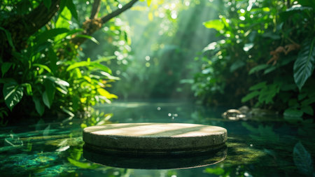 A tranquil oasis awaits.  High-resolution stock photo showcasing a serene stone platform nestled within a lush tropical garden. Ideal for wellness, spa, or product display backgrounds.  Peaceful atmosphere, vibrant colors, and abundant greenery create a calming and zen-like setting. Perfect for summer or spring themes.の素材