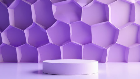 Clean, minimal 3D render of a purple geometric hexagon background featuring a cylindrical display platform, ideal for product presentations, mockups, and modern design projects.  Perfect as a studio backdrop or website banner.  Pastel purple hues create a sophisticated and elegant aesthetic.の素材