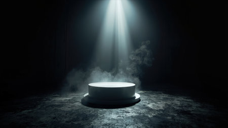 A dramatic, moody 3D render of an empty product display platform bathed in a single spotlight.  Perfect for showcasing products, brands, or creating a minimalist, modern, and atmospheric presentation. The dark background and textured surface add visual interest. Ideal for advertising, marketing, and design projects.の素材