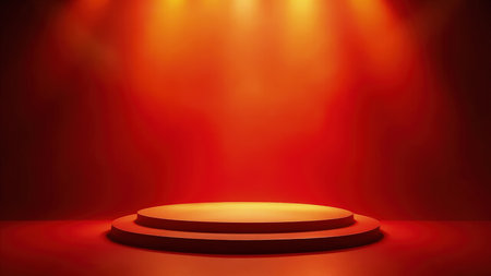 Dramatic 3D rendered background featuring a red podium bathed in spotlight. Ideal for presentations, award ceremonies, product displays, or any event needing a sophisticated and impactful backdrop.  Empty space allows for easy customization.  Perfect for graphic design templates and illustrations.の素材