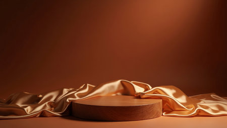 Elegant brown wooden platform with a golden silk drape, perfect for showcasing products in luxury advertising campaigns.  Ideal as a minimalist product photography mockup, this studio shot provides a rich, smooth texture and serves as an elegant backdrop for high-end brands.  Use this template for presentations and marketing materials.の素材