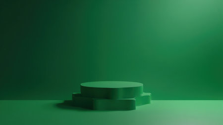 Clean, simple, and modern 3D render of a green minimalist product display platform. Ideal for showcasing products with a focus on clean aesthetics and a vibrant green backdrop.  Perfect for product photography, presentations, and website banners.  Empty space allows for easy product placement.の素材