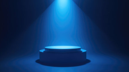 Clean, modern 3D rendered background featuring a minimalist blue stage podium dramatically lit by a spotlight. Ideal for product presentations, showcasing designs, or creating elegant, moody visuals.  Perfect for websites, marketing materials, and presentations.  Simple, abstract, and easily customizable.の素材