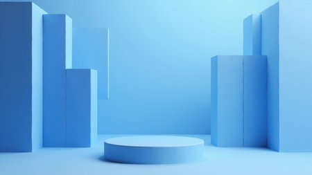 A minimalistic 3D render showcases a striking blue product podium, perfect for display and product placement. This modern design features geometric shapes and clean lines, providing a contemporary stage for advertising, brand promotion, or product presentations. The empty space and blank surface of this digital artwork offer ample room for mockups, making it ideal for showcasing a product in a studio setting. Use this 3D illustration as a dynamic backdrop for your marketing campaigns and graphic design projects.の素材