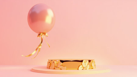Elegant 3D render of a pink balloon and gold podium on a minimalist pastel background, perfect for product displays, branding, or advertising.  Ideal for showcasing cosmetics, jewelry, or celebratory items.  This clean, modern mockup offers ample copy space and a sophisticated, feminine aesthetic.の素材