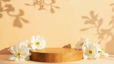 Elegant wooden display stand showcasing white flowers, perfect for product photography or branding mockups.  Features soft, natural light and minimal aesthetic. Ideal for spring/summer themes, showcasing beauty and delicate products.  Clean, simple background with subtle shadows.の素材