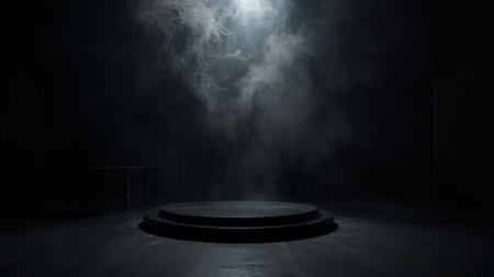 Dramatic low-key studio shot of a mysterious empty stage bathed in a single spotlight beam cutting through thick smoke. Perfect for product displays, presentations, or as a moody atmospheric background.  Ideal for designs needing a dark, grunge, or industrial aesthetic.  Features a concrete floor and a raised platform/pedestal.の素材