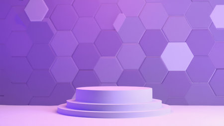Clean, minimalist 3D render of a purple hexagon product display stand. Perfect for showcasing products, branding, or marketing materials.  Ideal for websites, presentations, and advertising campaigns.  Features ample copy space and a vibrant pastel purple color scheme.  Empty, modern design.の素材