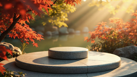 Serene autumn garden scene featuring a stone platform ideal for product display.  Perfect for showcasing beauty, wellness, or lifestyle products.  Tranquil setting with red maple leaves, sunlight, and a pond. Minimalist background with ample copy space for branding and marketing.  High-resolution image suitable for advertising and commercial use.の素材