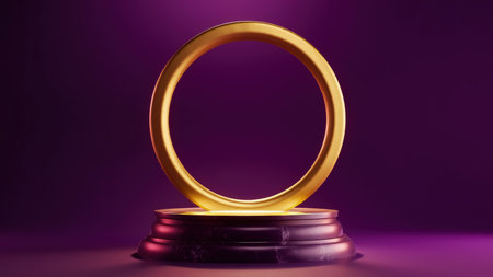 Elegant 3D rendering of a gold circle on a marble pedestal against a vibrant purple background.  Perfect for product displays, luxury presentations, or as a sophisticated design element.  This minimal, geometric mockup offers a clean, modern aesthetic with stunning studio lighting. Ideal for showcasing your brand or product.の素材