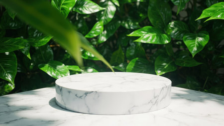 Clean, minimalist product display mockup featuring a round white marble platform set against a lush green foliage backdrop. Ideal for showcasing beauty products, jewelry, or other luxury items.  Perfect for advertising, branding, and e-commerce applications.  High-resolution image with natural sunlight and subtle shadows.の素材