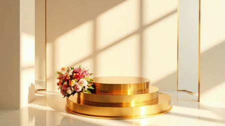 Elegant three-tiered gold display stand showcasing a pastel floral arrangement.  Bathed in sunlight, creating soft shadows. Ideal for product photography, branding, advertising, or interior design projects. Minimalist and modern aesthetic. Perfect for luxury product presentations.の素材
