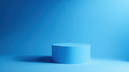 Clean, minimalist 3D rendering of a blue cylinder product display platform. Ideal for showcasing products, branding, or presentations.  Perfect as a backdrop for mockups and design templates.  Simple, modern, and vibrant blue color. Empty space for your product.の素材