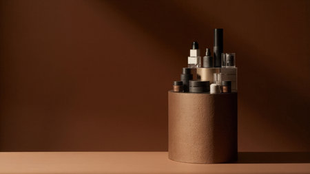 Elegant, minimalist product shots showcasing luxury skincare bottles and jars against a sophisticated brown background.  Ideal for beauty brands seeking high-quality images for websites, marketing materials, and social media.  Clean, modern aesthetic.  Focus on product packaging and branding.の素材