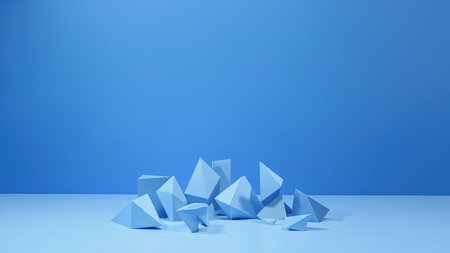 Clean, minimalist 3D render of abstract geometric shapes in shades of blue. Ideal as a modern background, product display mockup, or contemporary artwork.  Perfect for websites, presentations, and digital designs.  Features a vibrant yet calming color palette.の素材