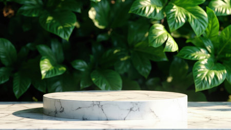 A clean, minimalist product display featuring a sleek marble platform set against a vibrant backdrop of lush green foliage. Ideal for showcasing cosmetics, beauty products, or other luxury items.  Perfect for advertising, branding, and product photography mockups.  The natural sunlight adds a touch of elegance.の素材