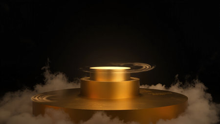Showcase your product with this elegant 3D render of a golden platform shrouded in mystic smoke.  Perfect for luxury brands, the dark background and dramatic lighting create a premium, mysterious atmosphere ideal for advertising and marketing campaigns.  Use as a mockup for product photography or design inspiration.の素材