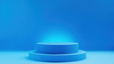 Clean, modern 3D render of a minimalist blue two-tiered cylinder product display stand. Ideal for showcasing products, branding, and marketing materials.  Empty space provides ample room for your design. Perfect for website banners, presentations, and advertising campaigns.  Bright, vibrant blue backdrop.の素材