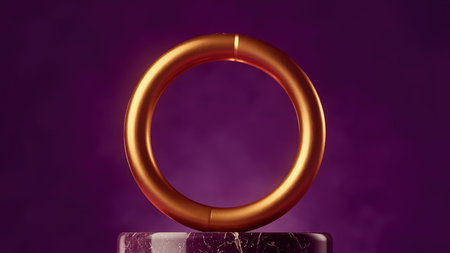A sleek gold ring rests on a smooth purple marble surface.  Minimalist composition ideal for jewelry, beauty, or luxury branding.  High-resolution 3D render with clean lines and a sophisticated aesthetic. Perfect for websites, brochures, and social media.の素材