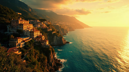 Stunning sunset over the Amalfi Coast, showcasing colorful Italian villages perched dramatically on cliffs overlooking the vibrant Mediterranean Sea.  A picturesque scene perfect for travel, tourism, and vacation-themed projects.  Captures the golden hour's warm light and the beauty of the Italian coastline.の素材