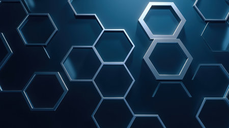 Sleek dark blue metallic hexagon pattern, ideal for tech, industrial, or futuristic designs.  3D rendered abstract background with a modern, geometric honeycomb texture. Perfect for websites, presentations, or wallpapers.  High-resolution image offers a sophisticated, clean aesthetic.の素材