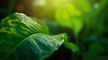 A vibrant close-up of a lush green tropical leaf bathed in sunlight.  The image showcases intricate leaf vein detail and a rich texture, perfect for backgrounds, botanical designs, or nature-themed projects.  The bright, natural light emphasizes the fresh, healthy appearance of the plant's foliage.の素材