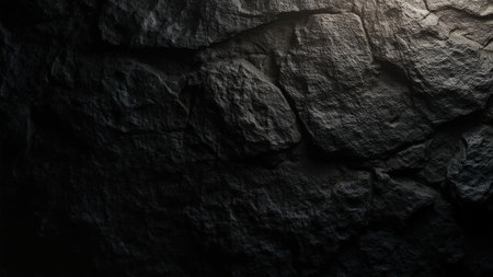A dramatic, high-resolution image of a dark, rough stone wall. Ideal for backgrounds, textures, or design projects needing a rugged, imposing aesthetic.  The image features a naturally aged, uneven stone surface with deep shadows, creating a mysterious and atmospheric feel. Perfect for websites, presentations, or print media.の素材