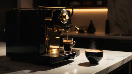 A sleek, gold and black espresso machine brews a rich, dark espresso.  Perfect for showcasing luxury kitchen appliances, gourmet coffee, or a stylish cafの素材