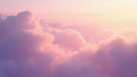 A breathtaking aerial view of a dreamy pink sunset. Soft pastel colors paint the fluffy clouds, creating a serene and peaceful atmosphere.  Perfect for projects needing a romantic, hopeful, and inspirational mood.  High-resolution image ideal for backgrounds, wallpapers, and design projects.の素材