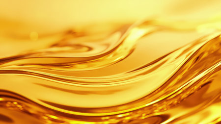 Elegant abstract background featuring swirling golden waves.  Luxurious, shimmering texture with a rich, metallic sheen. Perfect for premium designs, invitations, or cosmetic branding.  Ideal for adding a touch of opulence and sophistication.  High-resolution image with glossy, fluid details.の素材