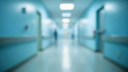 Abstract blurry image of a hospital corridor with blue walls.  Ideal for healthcare, medical, and wellness concepts.  Represents cleanliness, calm, and the sterile environment of a medical facility.  Perfect as a background or for illustrating themes of patient care, treatment, or medical professionals.の素材