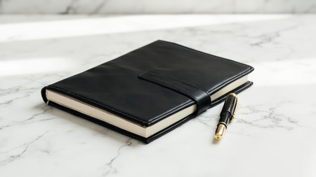 Elegant black leather notebook and gold pen rest on a polished marble surface, ideal for showcasing luxury stationery, business concepts, or sophisticated lifestyle imagery.  Perfect for blogs, websites, or marketing materials requiring a classic and timeless aesthetic.の素材