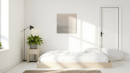Bright, airy minimalist bedroom with a platform bed, bathed in natural sunlight.  Clean lines, neutral colors, and simple dの素材