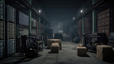 A dimly lit warehouse interior at night, showcasing stacked shipping containers, hay bales, and forklifts.  The scene features a grunge aesthetic with textured concrete floors and metal structures, creating a moody and atmospheric image ideal for logistics, industrial, and transportation concepts.の素材