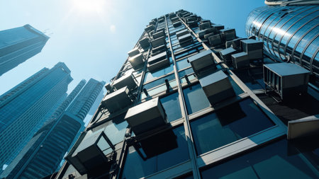 Stunning low-angle view of modern glass skyscrapers piercing a vibrant blue sky.  Captures the essence of urban architecture, showcasing contemporary design and the dynamic energy of a bustling metropolis. Ideal for projects related to real estate, business, and city life.の素材