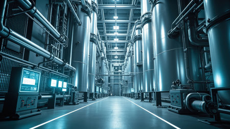 Clean, modern industrial facility interior showcasing gleaming steel tanks, pipes, and advanced machinery.  A spacious corridor with bright blue lighting emphasizes technological advancement and efficient production processes.  The image conveys a sense of futuristic industrial design and high-tech manufacturing.の素材