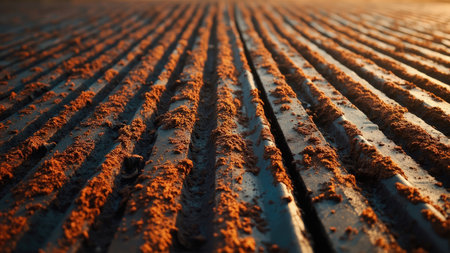 Rich brown soil, freshly tilled and sunlit, awaits planting.  Ideal for agricultural, farming, and environmental themes.  Showcases the texture and detail of fertile farmland ready for a bountiful harvest. Perfect background for spring or autumn planting season imagery.の素材