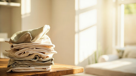 A stack of neatly folded, cream linen towels rests on a rustic wooden table, bathed in warm sunlight.  The image evokes a feeling of calm and cleanliness, perfect for showcasing home dの素材