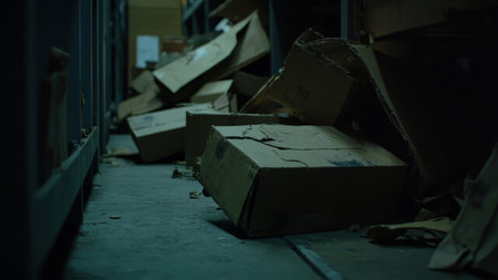A dimly lit warehouse reveals stacks of discarded cardboard boxes, their contents long forgotten.  The scene evokes a sense of neglect and abandonment, with shadows accentuating the grunge and texture of the dilapidated storage space.  Perfect for illustrating themes of obsolescence, decay, or the passage of time.の素材