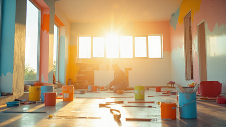 A professional painter meticulously applies paint to the walls of a bright, sunlit room during a home renovation.  The image showcases the process of interior painting, highlighting the tools, paint cans, and overall progress of the home improvement project.  Ideal for showcasing home renovation, DIY, and home decor.の素材