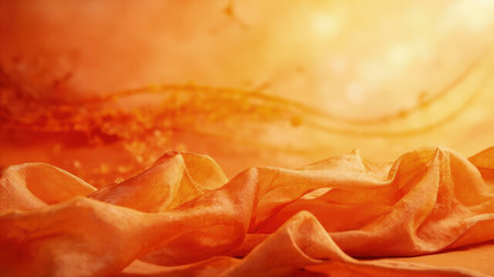 Luxurious amber silk fabric with soft folds and waves, creating a warm and elegant autumnal background. Ideal for fashion, beauty, and design projects.  High-resolution image showcasing rich texture and sunlight reflections. Perfect backdrop for product photography or visual storytelling.の素材