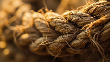 Close-up macro shot of twisted hemp rope, bathed in warm golden hour sunlight.  The image showcases the intricate texture and natural fibers of the rope, ideal as a rustic background or design element.  Perfect for nautical, organic, or nature-themed projects.の素材