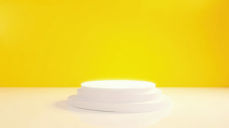 Clean, minimalist product display stand mockup.  Perfect for showcasing your products with a vibrant yellow background.  This 3D rendering offers ample copy space and a modern, simple aesthetic ideal for advertising, branding, and marketing materials.  High-resolution image for professional use.の素材